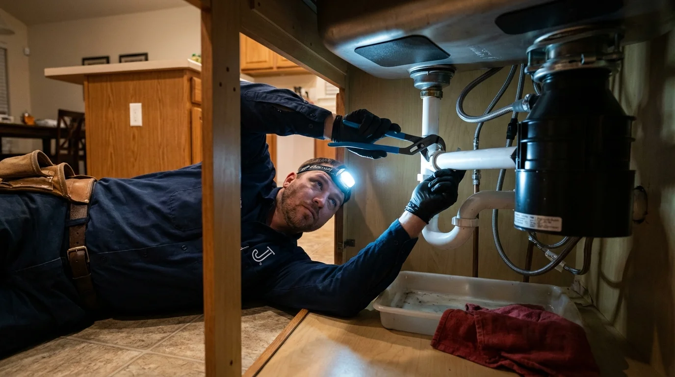 P-trap and supply line connections under a kitchen sink showing a common leak point in Ashburn, VA